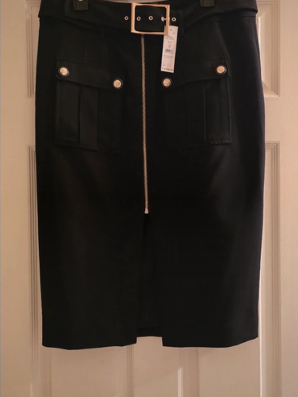 White House Black Market Black Pencil Skirt with Gold-Tone Belt Detail